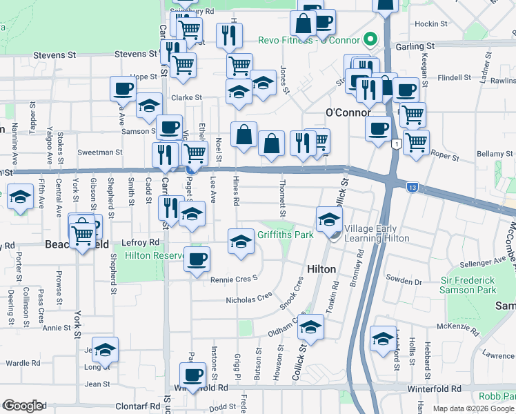 map of restaurants, bars, coffee shops, grocery stores, and more near 11 Harwood Street in Hilton