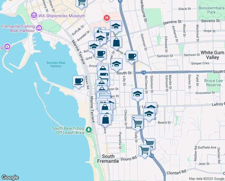map of restaurants, bars, coffee shops, grocery stores, and more near 13 Nelson Street in South Fremantle