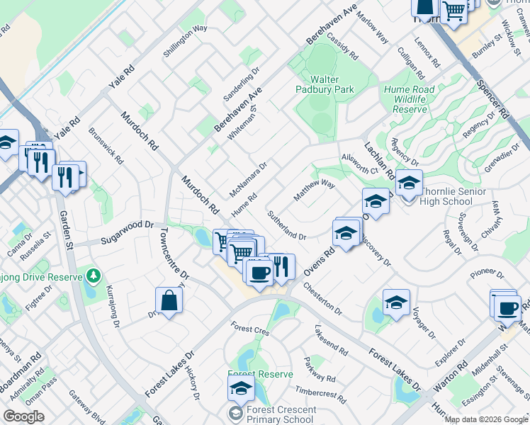 map of restaurants, bars, coffee shops, grocery stores, and more near 72 Sutherland Drive in Thornlie