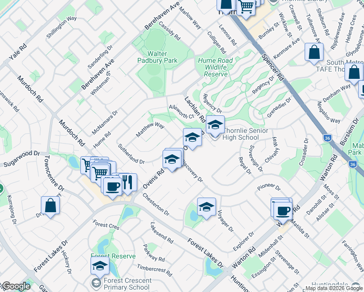 map of restaurants, bars, coffee shops, grocery stores, and more near 23 Ovens Road in Thornlie