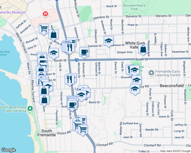 map of restaurants, bars, coffee shops, grocery stores, and more near 151 Edmund Street in Beaconsfield
