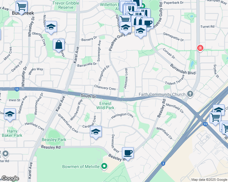 map of restaurants, bars, coffee shops, grocery stores, and more near 83 Chancery Crescent in Willetton