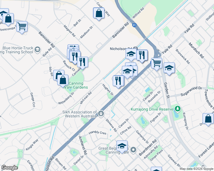 map of restaurants, bars, coffee shops, grocery stores, and more near 23 Hughes Street in Canning Vale
