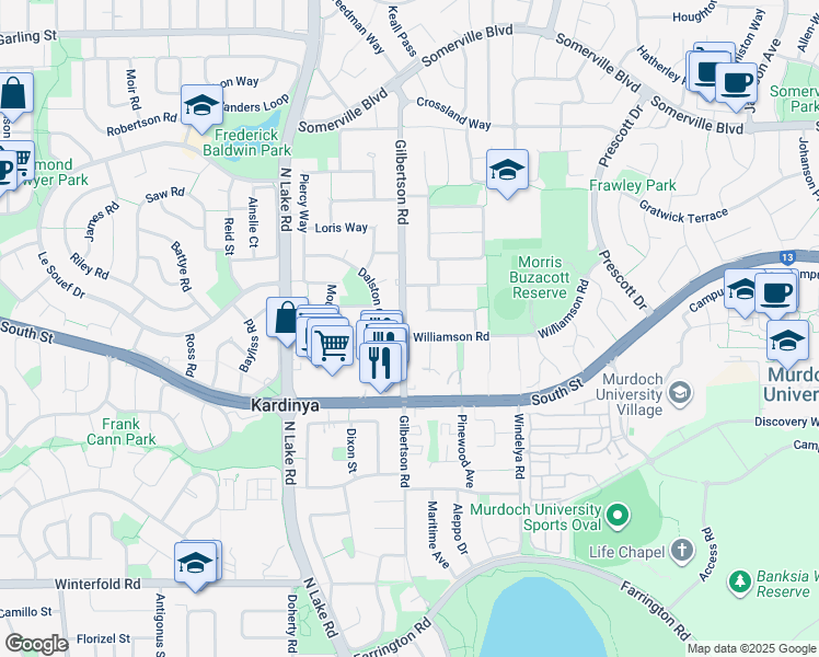 map of restaurants, bars, coffee shops, grocery stores, and more near 66 Gilbertson Road in Kardinya