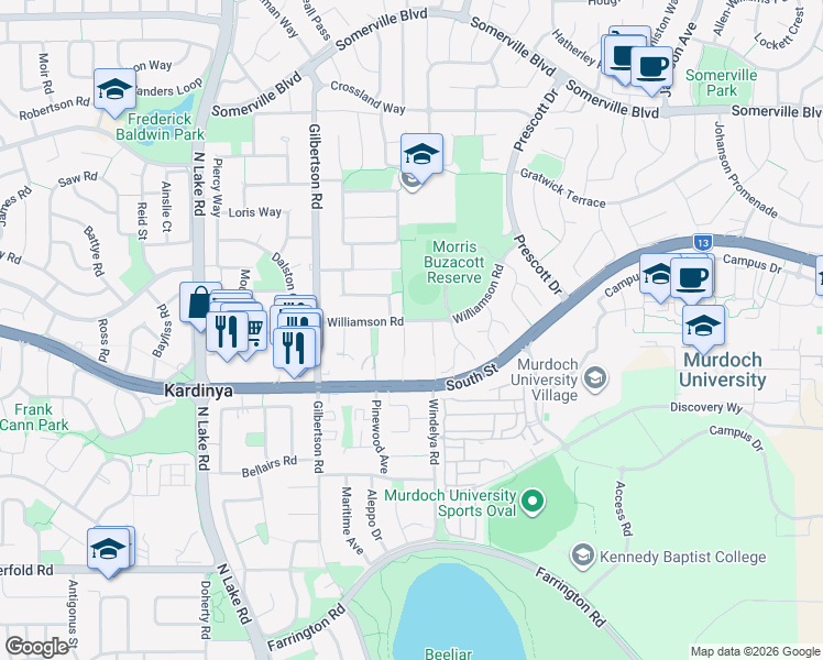 map of restaurants, bars, coffee shops, grocery stores, and more near 20 Williamson Road in Kardinya