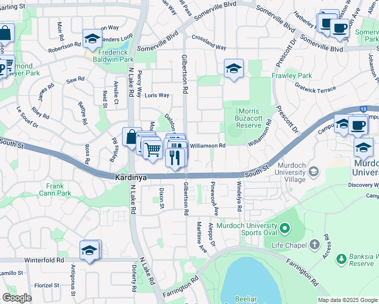 map of restaurants, bars, coffee shops, grocery stores, and more near 70 Gilbertson Road in Kardinya