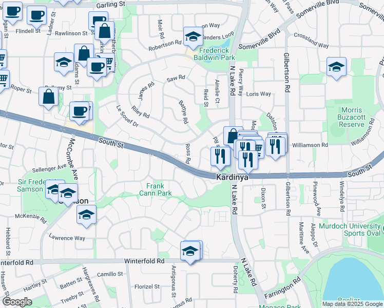 map of restaurants, bars, coffee shops, grocery stores, and more near 7 Ross Road in Kardinya