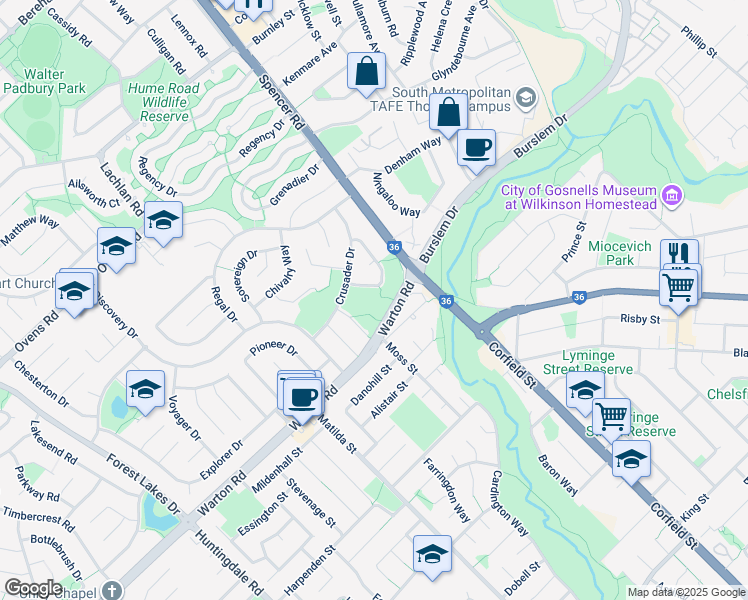 map of restaurants, bars, coffee shops, grocery stores, and more near 1 Warton Road in Thornlie