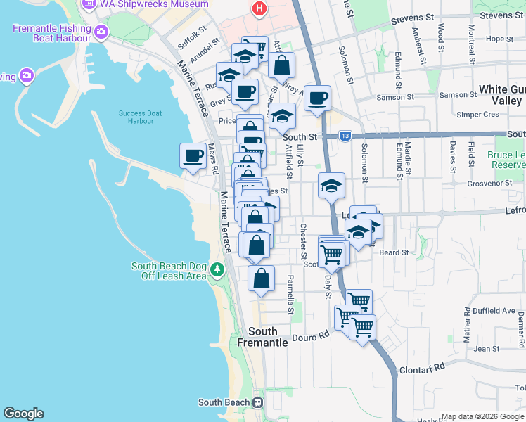 map of restaurants, bars, coffee shops, grocery stores, and more near 17 King William Street in South Fremantle