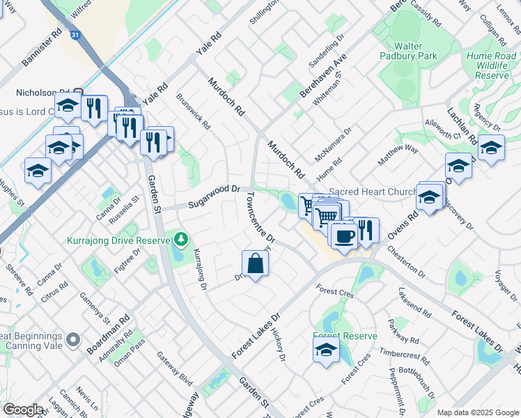 map of restaurants, bars, coffee shops, grocery stores, and more near 30 Wiltshire Avenue in Thornlie