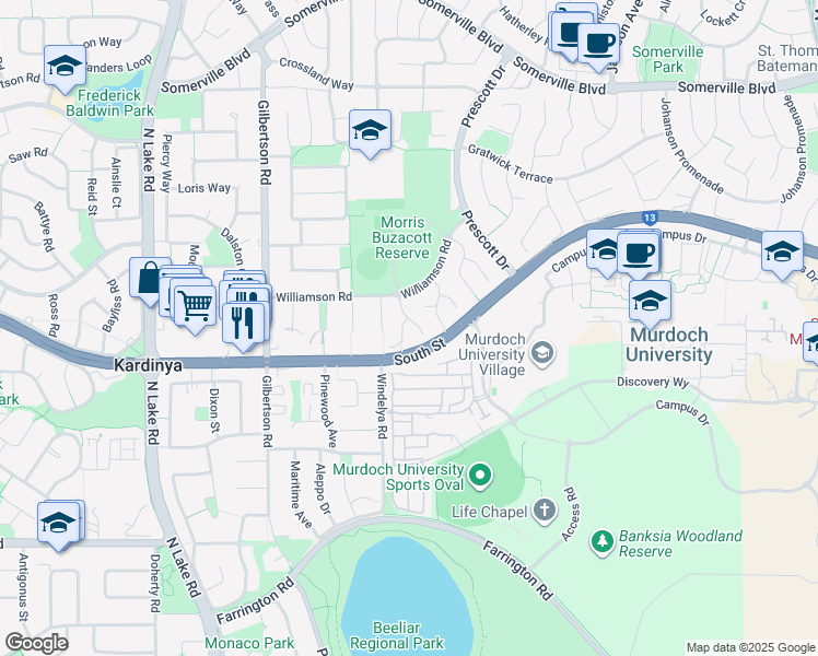 map of restaurants, bars, coffee shops, grocery stores, and more near 8 Meadow Close in Kardinya