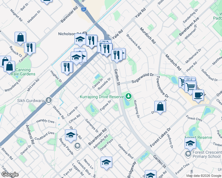 map of restaurants, bars, coffee shops, grocery stores, and more near 4 Darwinia Loop in Canning Vale