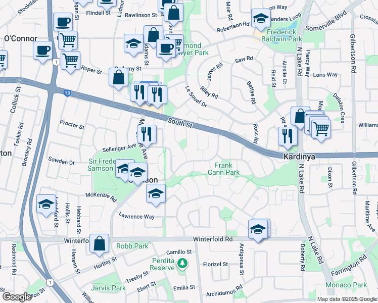 map of restaurants, bars, coffee shops, grocery stores, and more near 49A Hanrahan Loop in Kardinya