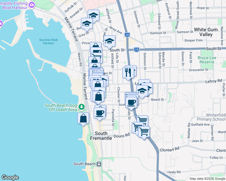 map of restaurants, bars, coffee shops, grocery stores, and more near 46 Jenkin Street in South Fremantle