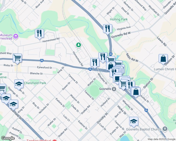 map of restaurants, bars, coffee shops, grocery stores, and more near 2 Hartley Street in Gosnells