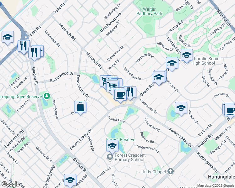 map of restaurants, bars, coffee shops, grocery stores, and more near 101 Forest Lakes Drive in Thornlie