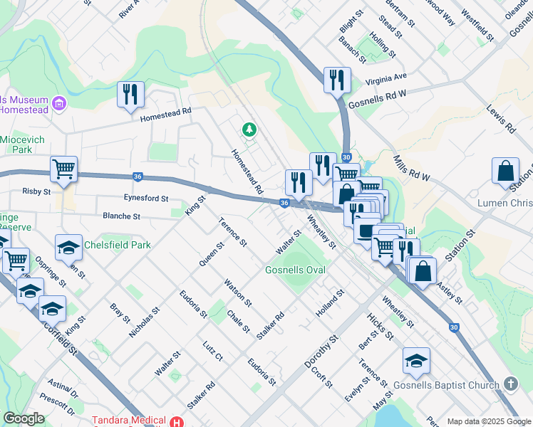 map of restaurants, bars, coffee shops, grocery stores, and more near 7 Hartley Street in Gosnells
