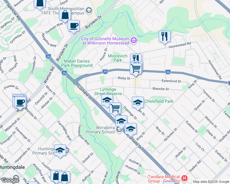 map of restaurants, bars, coffee shops, grocery stores, and more near 30 Lyminge Street in Gosnells