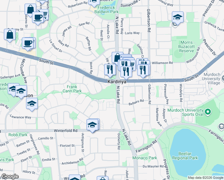 map of restaurants, bars, coffee shops, grocery stores, and more near 33 Gillett Drive in Kardinya