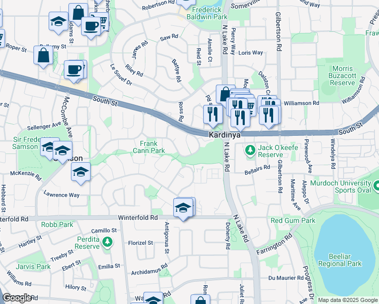 map of restaurants, bars, coffee shops, grocery stores, and more near 33 Gillett Drive in Kardinya