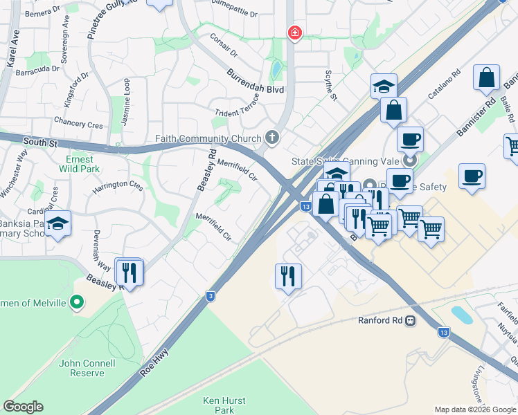 map of restaurants, bars, coffee shops, grocery stores, and more near 37 Merrifield Circle in Leeming