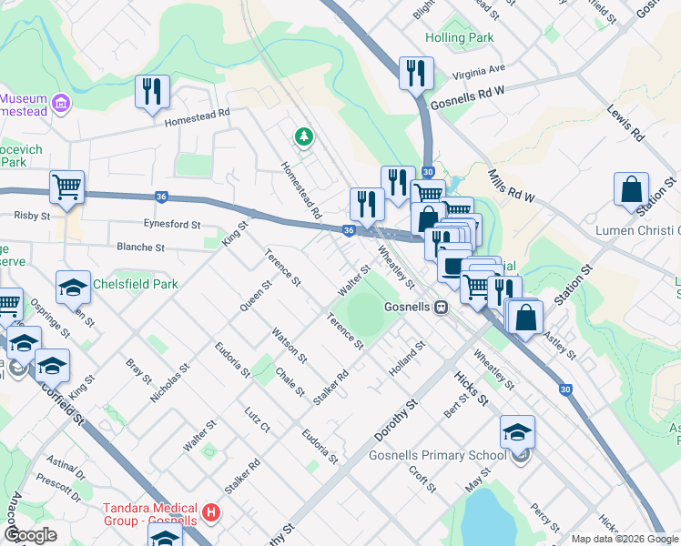 map of restaurants, bars, coffee shops, grocery stores, and more near 17 Hartley Street in Gosnells