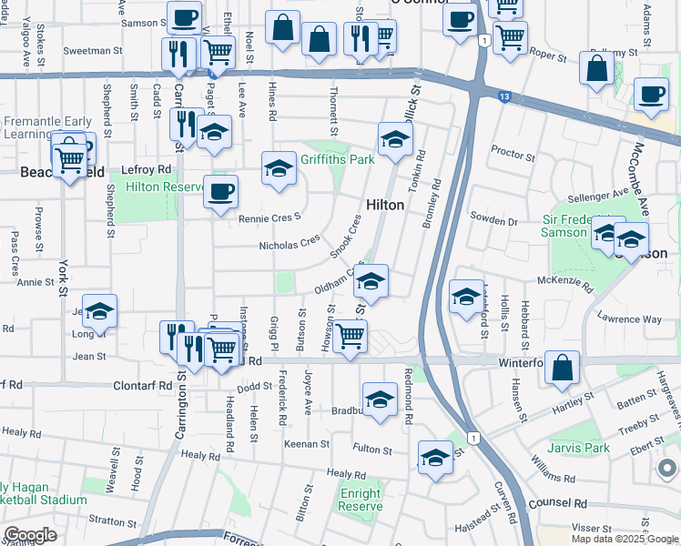 map of restaurants, bars, coffee shops, grocery stores, and more near 42 Oldham Crescent in Hilton