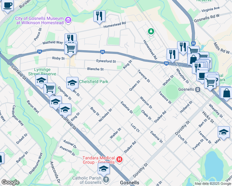 map of restaurants, bars, coffee shops, grocery stores, and more near 16 Eudoria Street in Gosnells