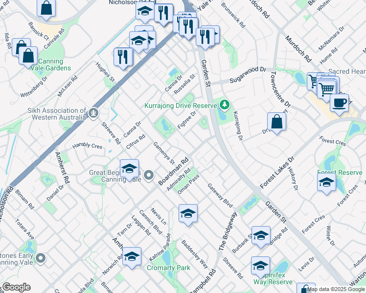 map of restaurants, bars, coffee shops, grocery stores, and more near 105 Gateway Boulevard in Canning Vale