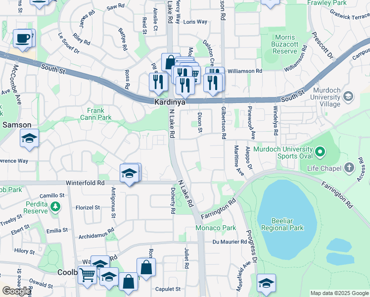 map of restaurants, bars, coffee shops, grocery stores, and more near 69 McBeth Way in Kardinya