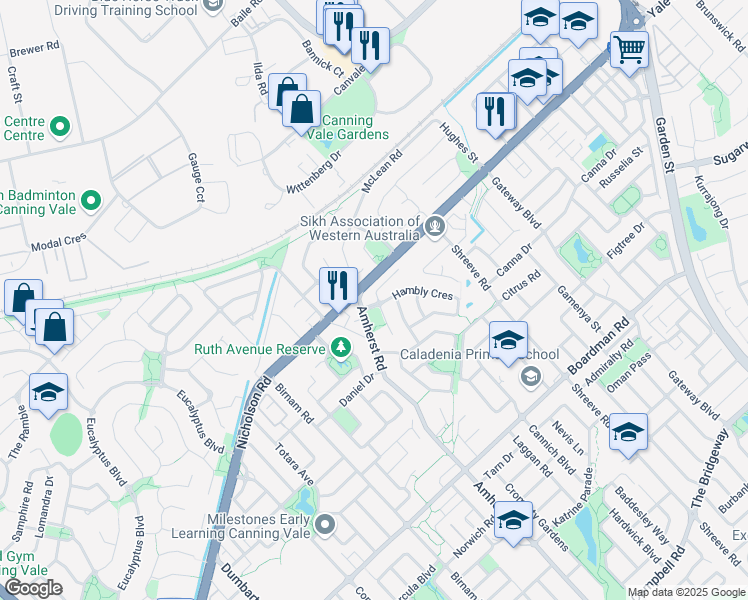 map of restaurants, bars, coffee shops, grocery stores, and more near 6 O'Dea Gate in Canning Vale