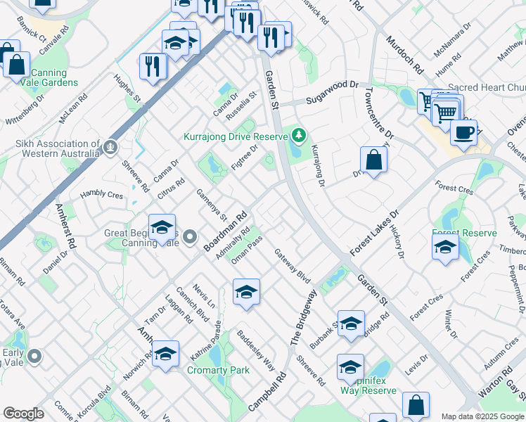 map of restaurants, bars, coffee shops, grocery stores, and more near 11 Hazlett Way in Canning Vale