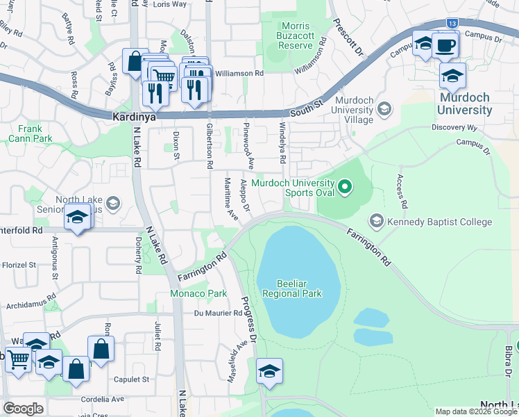 map of restaurants, bars, coffee shops, grocery stores, and more near 3 Stone Court in Kardinya