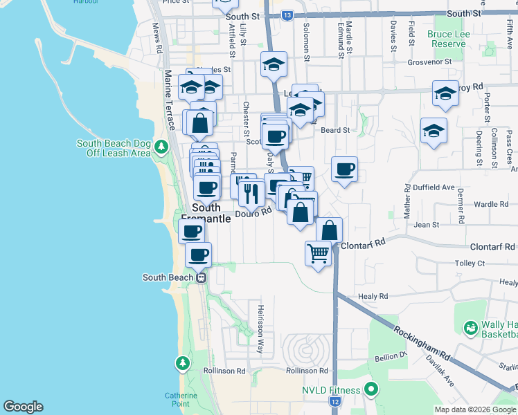 map of restaurants, bars, coffee shops, grocery stores, and more near 42A Douro Road in South Fremantle