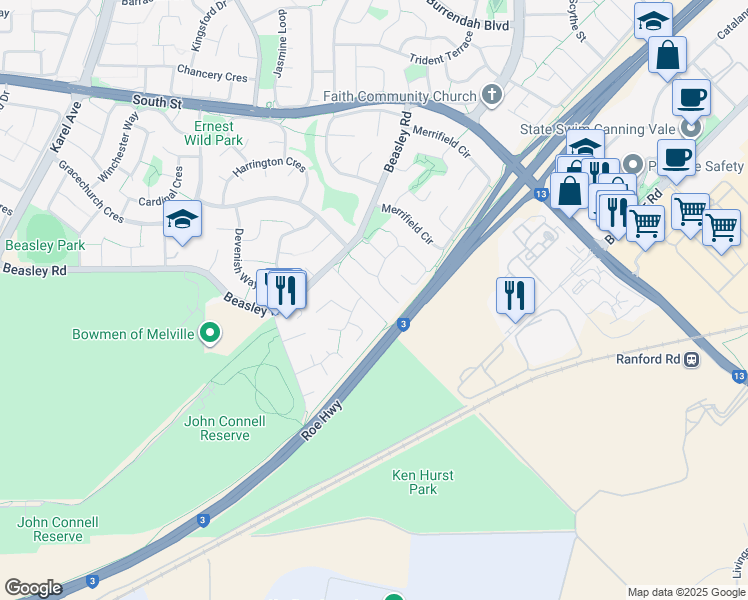 map of restaurants, bars, coffee shops, grocery stores, and more near 18 Hollingsworth Way in Leeming