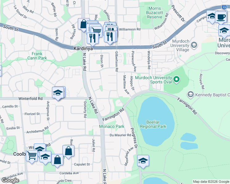 map of restaurants, bars, coffee shops, grocery stores, and more near 115 Gilbertson Road in Kardinya