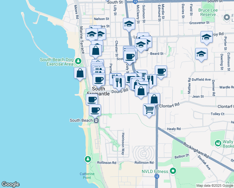 map of restaurants, bars, coffee shops, grocery stores, and more near 19 Douro Road in South Fremantle