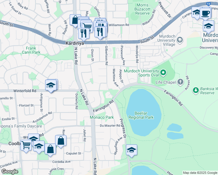 map of restaurants, bars, coffee shops, grocery stores, and more near 130 Gilbertson Road in Kardinya