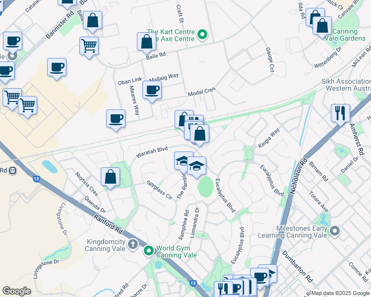 map of restaurants, bars, coffee shops, grocery stores, and more near 89 Waratah Boulevard in Canning Vale