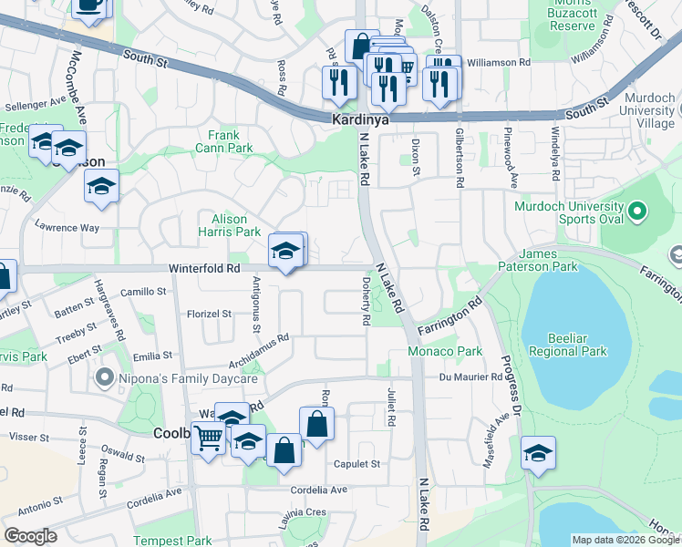 map of restaurants, bars, coffee shops, grocery stores, and more near 243 Winterfold Road in Coolbellup