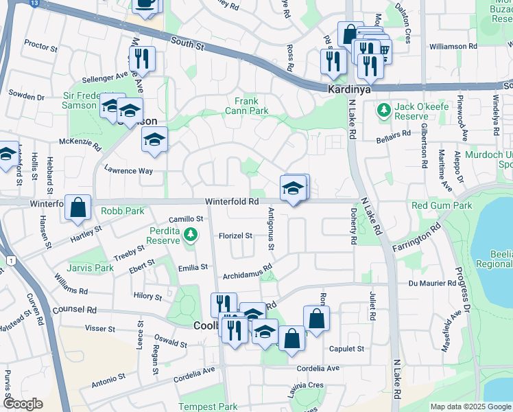 map of restaurants, bars, coffee shops, grocery stores, and more near 197 Winterfold Road in Coolbellup