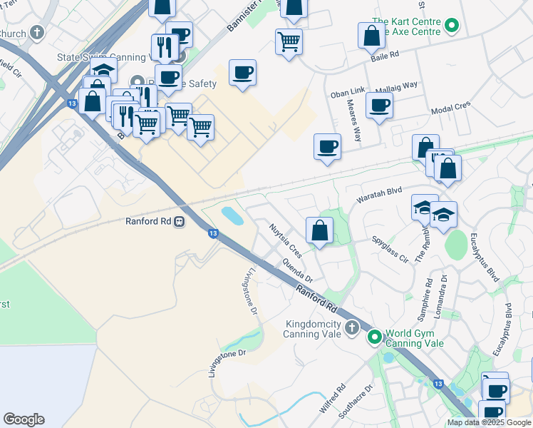map of restaurants, bars, coffee shops, grocery stores, and more near 41 Nuytsia Crescent in Canning Vale