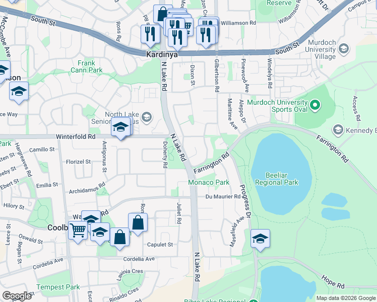 map of restaurants, bars, coffee shops, grocery stores, and more near 33 Arnold Crescent in Kardinya