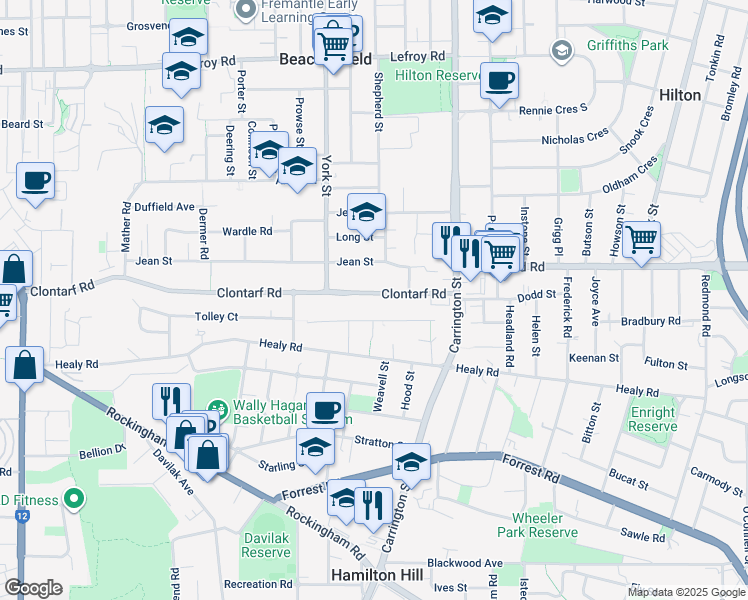 map of restaurants, bars, coffee shops, grocery stores, and more near 197 Clontarf Road in Hamilton Hill