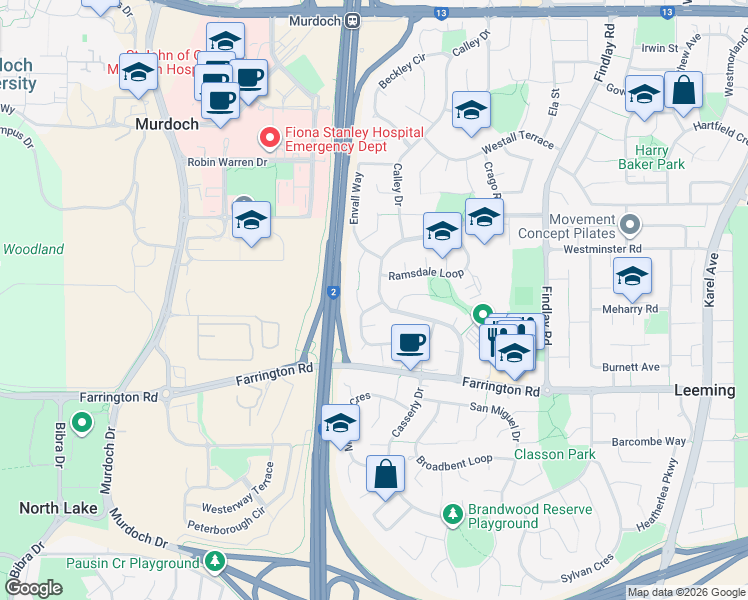 map of restaurants, bars, coffee shops, grocery stores, and more near 63 Aulberry Parade in Leeming