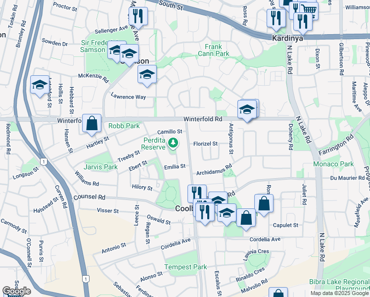map of restaurants, bars, coffee shops, grocery stores, and more near 19 Coolbellup Avenue in Coolbellup
