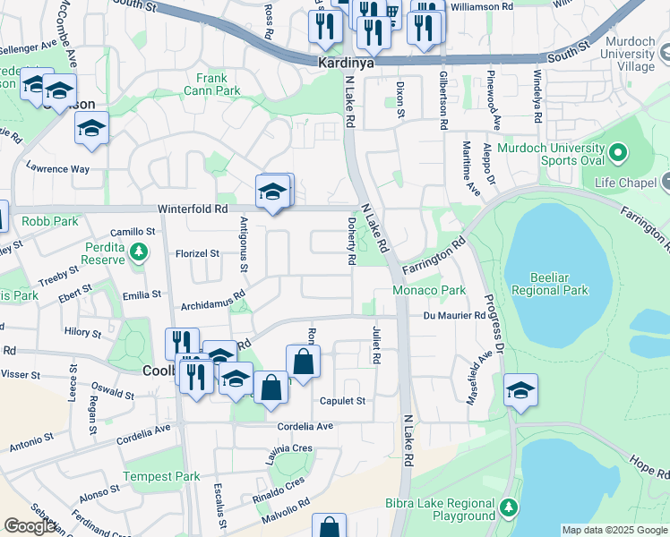map of restaurants, bars, coffee shops, grocery stores, and more near 64 Archidamus Road in Coolbellup