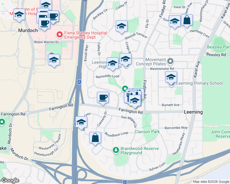map of restaurants, bars, coffee shops, grocery stores, and more near Aulberry Parade in Leeming