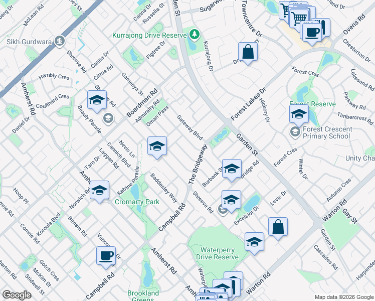 map of restaurants, bars, coffee shops, grocery stores, and more near 11 Skiff Way in Canning Vale