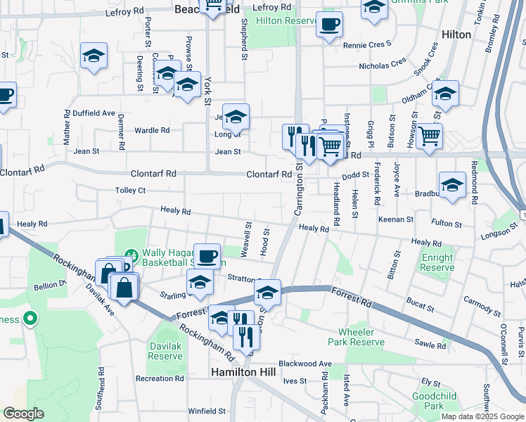 map of restaurants, bars, coffee shops, grocery stores, and more near 150 Healy Road in Hamilton Hill